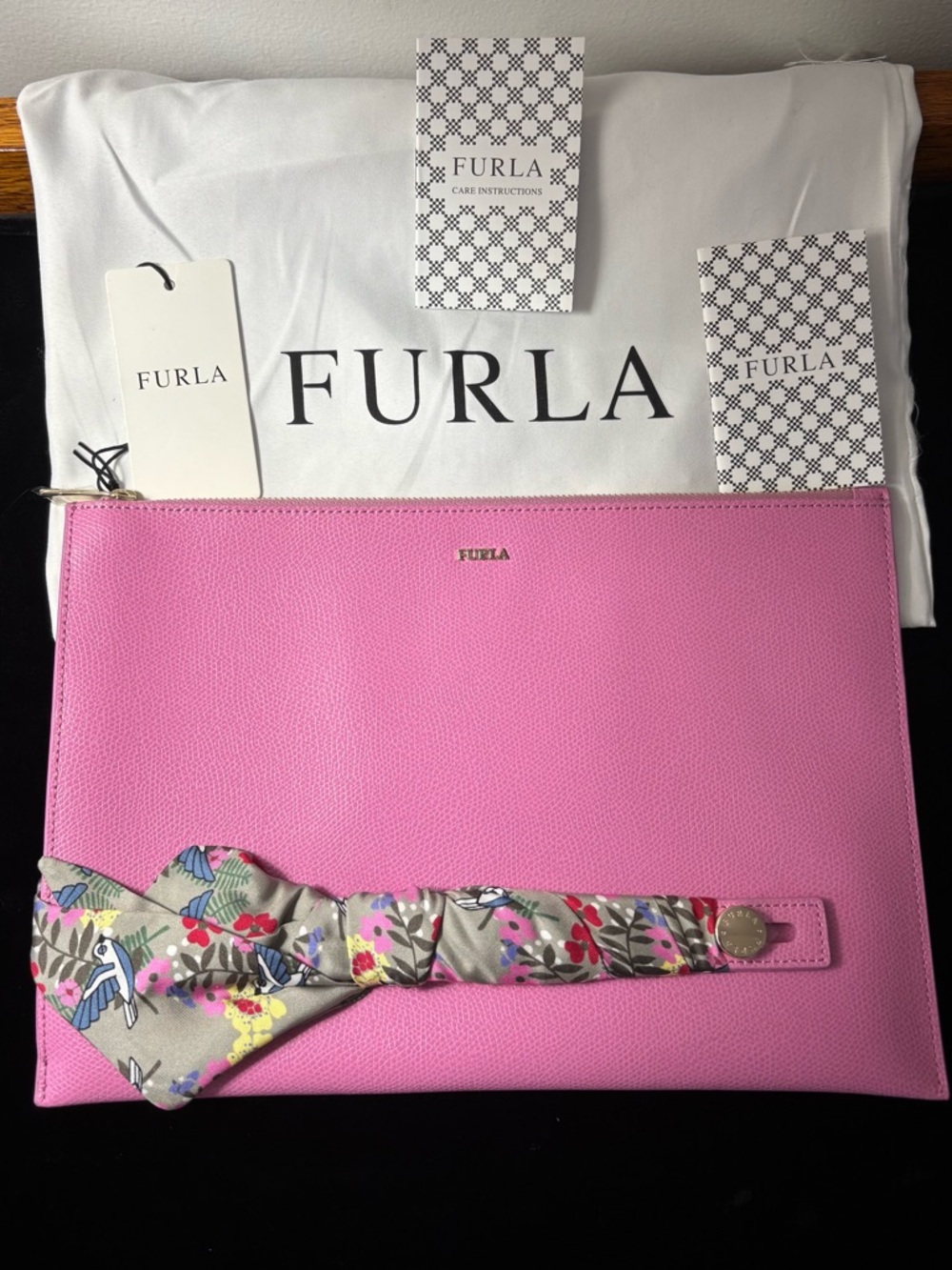 NWT Furla Pink Saffiano Leather Clutch with Floral Scarf Detail & Dust Bag